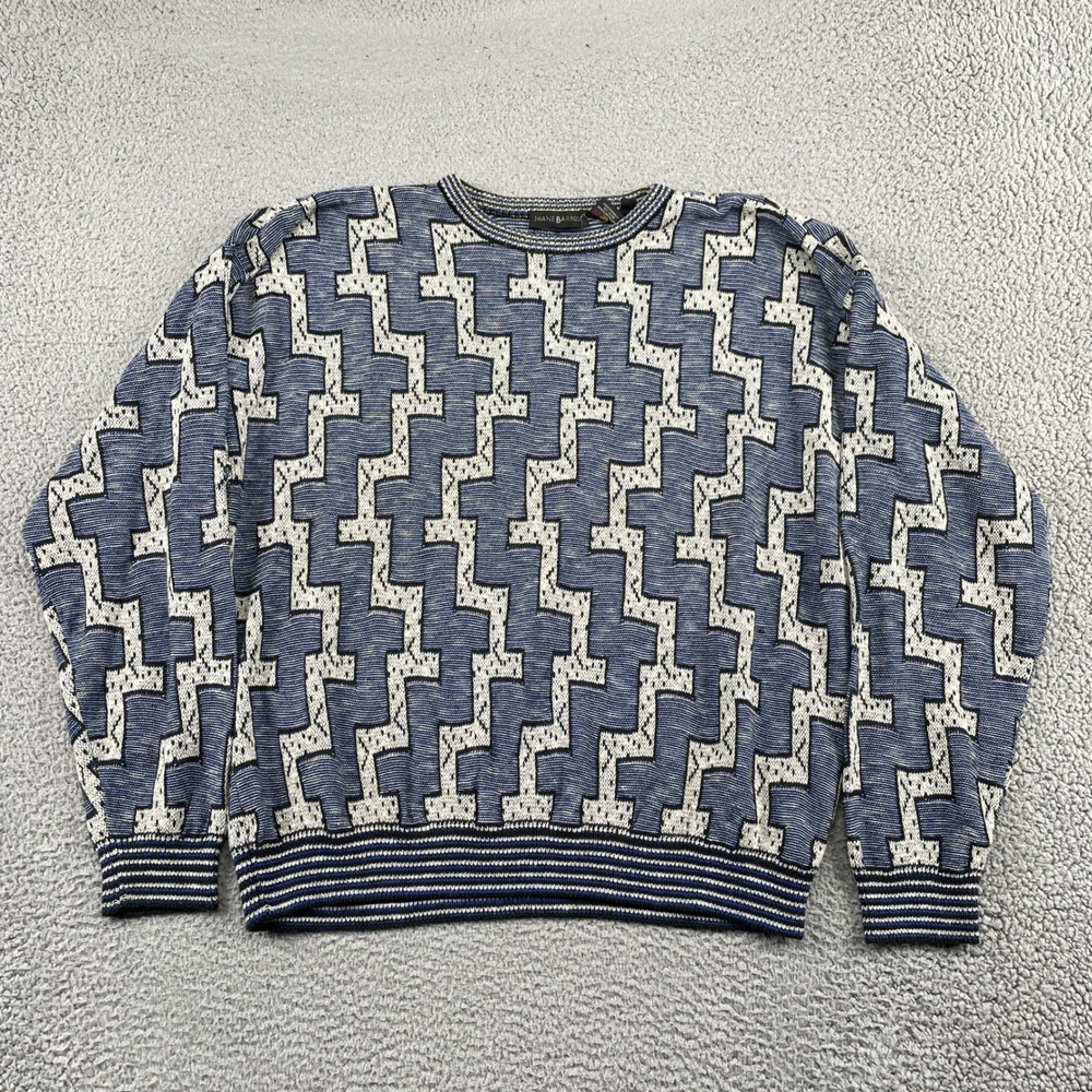 Jhane Barnes Sweater Mens XL Blue Geometric Knit Crewneck Vintage Long Sleeve